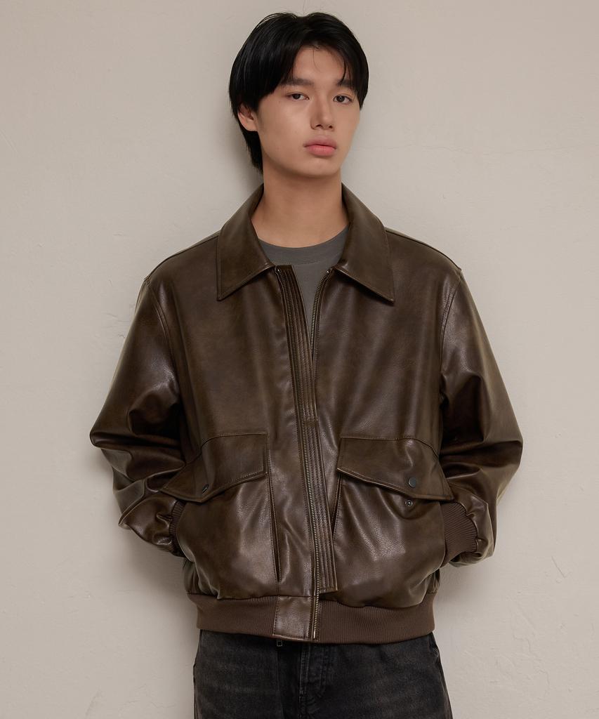 Leftseoul Unisex Synthetic Leather Flight Jacket [Brown]