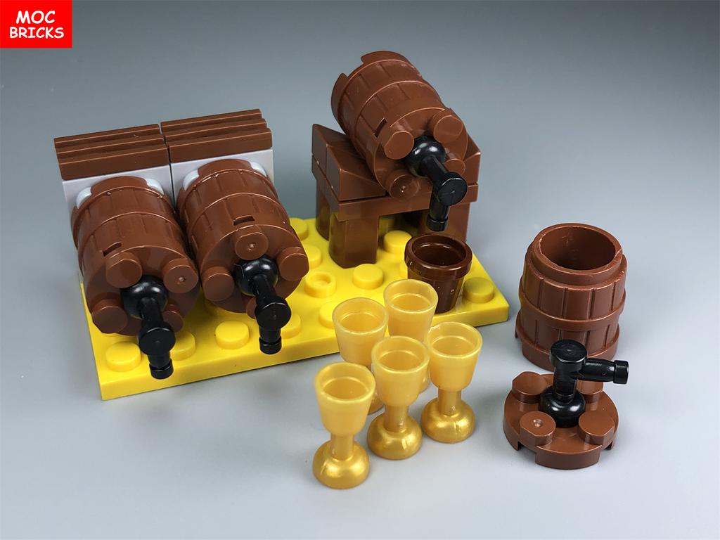 MOC Bausteine Weinfass Modell Actionfiguren Ecke des Kellers Küchenszene Bausteine Zusammengebaut Kinderspielzeug