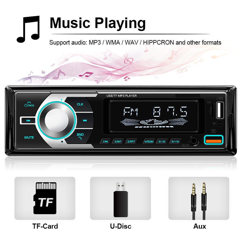 Car MP3 Player 1 DIN Car Radio 7 Colorful Lights Stereos for Car Universal FM Music Radio with Remote Control Bluetooth Hands-free Music Smart Voice
