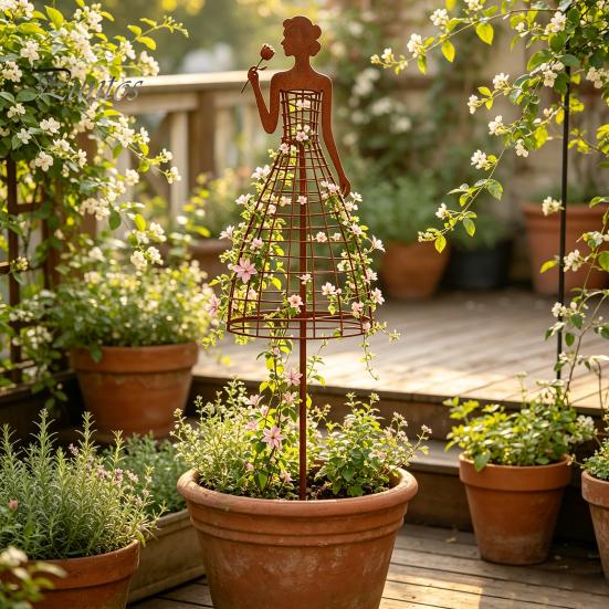 Outdoor Plant Climbing Trellis Vintage Metal Lady Trellis, Iron Girl Shaped Garden Support Stake, Decorative Yard Ornament Flower Vine Art for