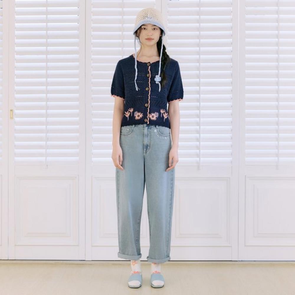 Thursday Island Women Flower Jacquard Color Block Short Sleeve Cardigan T264mcd Navy (NV)/S