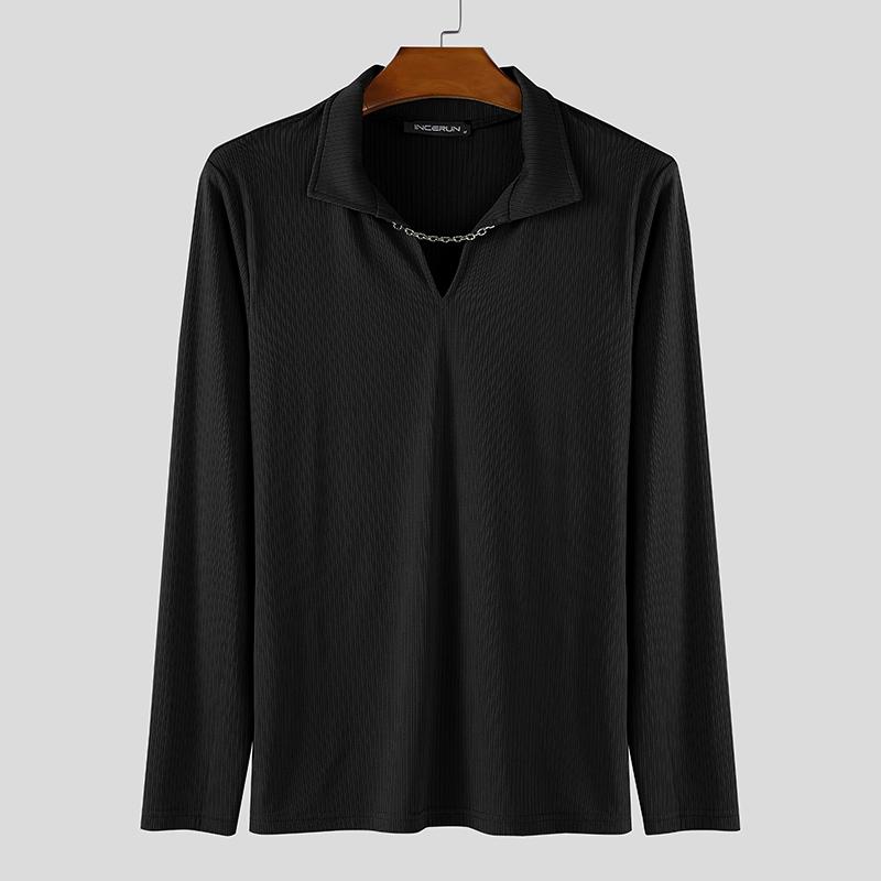

INCERUN Men Lapel Neck Long Sleeve Casual Fitted Rib Pullover Tops T-shirts M чёрный