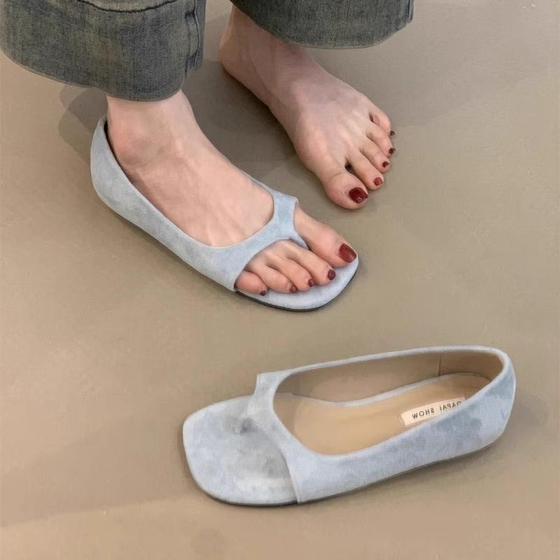 Modne damskie buty płaskie Lato Nowy Styl Okrągły Czubek Płytkie Wycięcie Klapki na Palce Zamsz Krowi Miękka Podeszwa Antypoślizgowe Odporne na Ścieranie Sandały