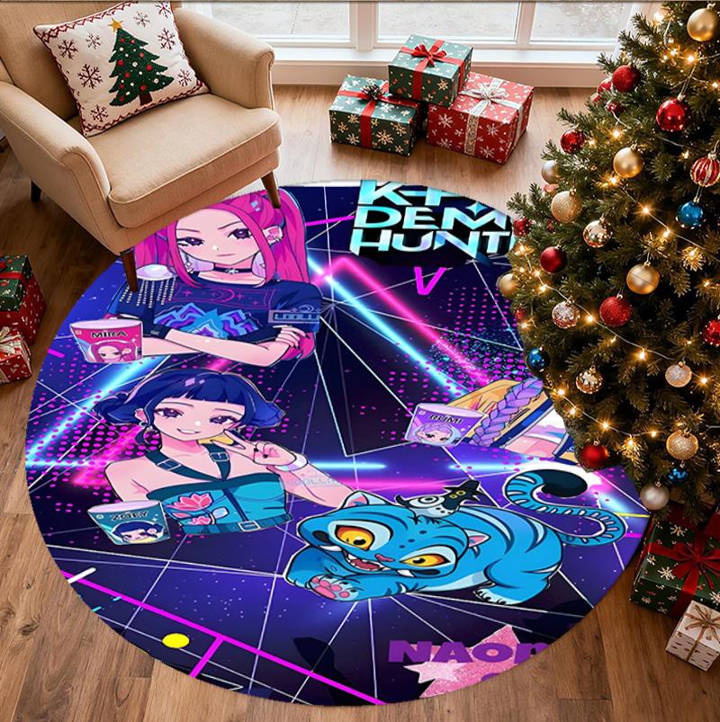 KPop Demon Hunters Pattern Round Rug, Indoor/Outdoor Mat, for Picnic, Gameroom, Bedroom, Office, Living Room, Home Decor Carpet, Birthday Gift