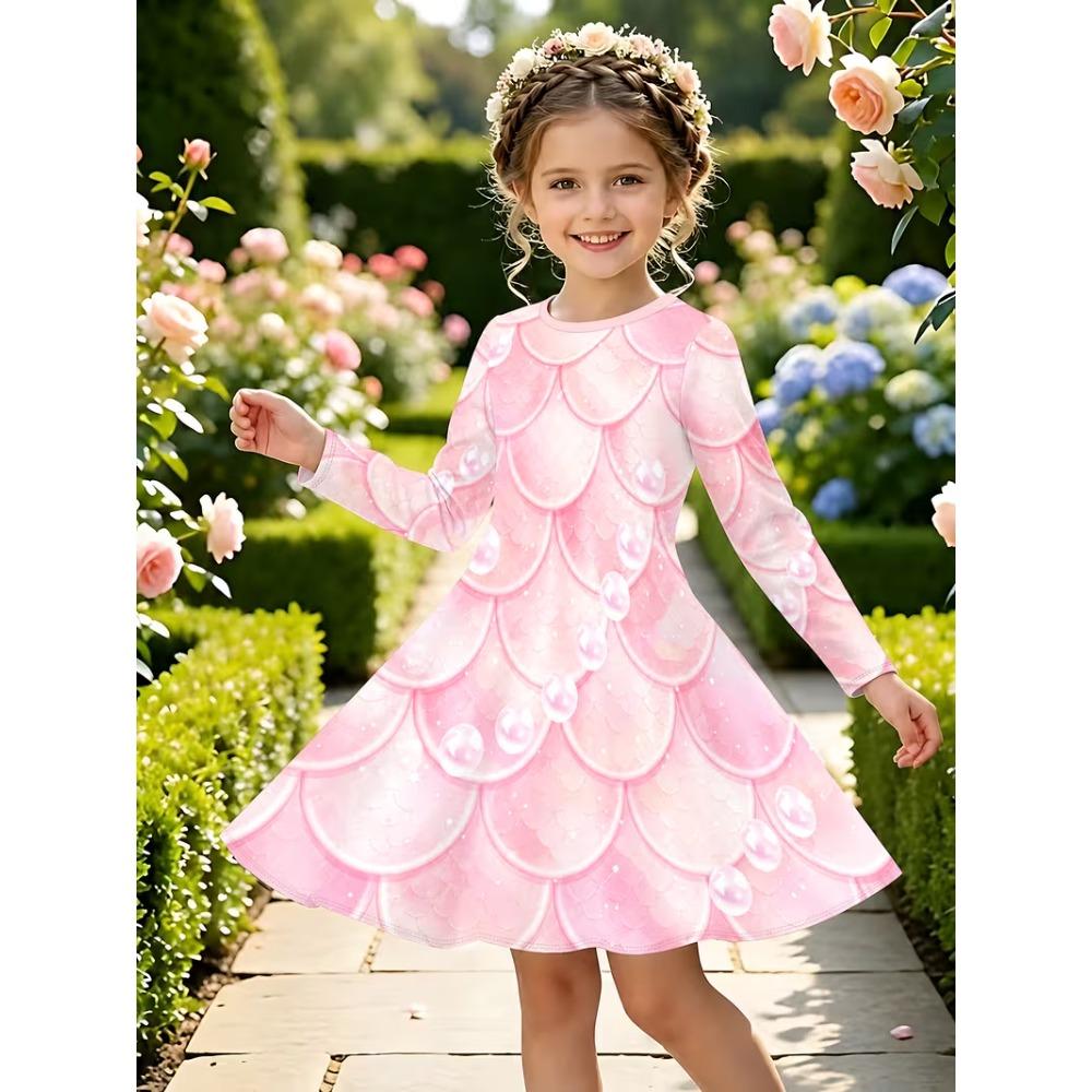 Girls' 3D Mermaid Scale Dress Long Sleeve Summer Spring Vacation Daily Holiday Princess Beautiful Sweet Kids 4-12 Years Casual Dress A Line Dress