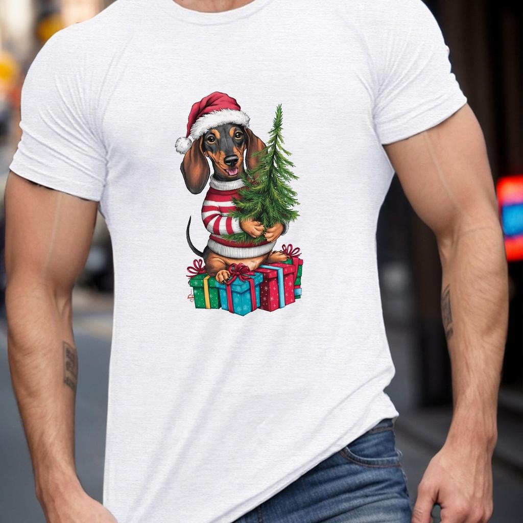 Christmas Dachshund Dog Graphic Tee Men Casual Cotton Round Neck Short Sleeve TShirt Gift