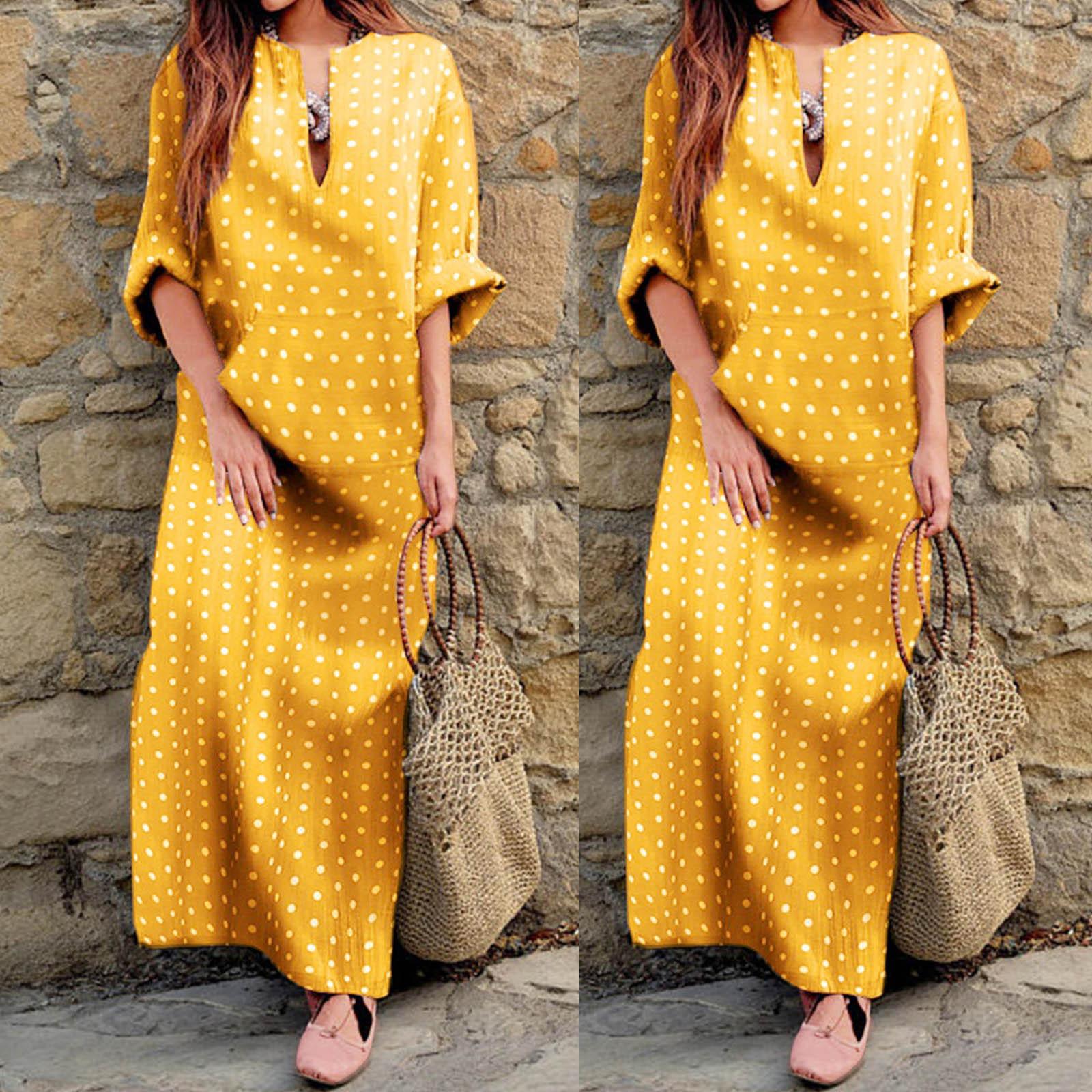 

Женское платье макси в горошек с длинным рукавом, халаты, стильные платья-кафтан с передним карманом XXXXXL жёлтый