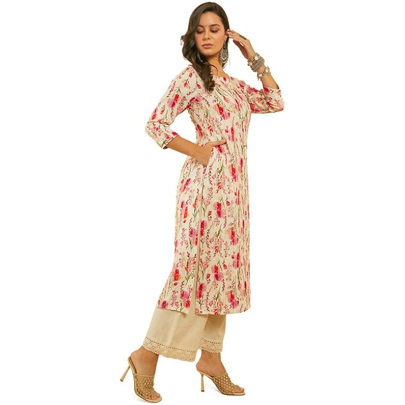 Soch Womens Fuchsia Straight Floral Print Rayon Kurta with Kantha Weave 2XL розовый