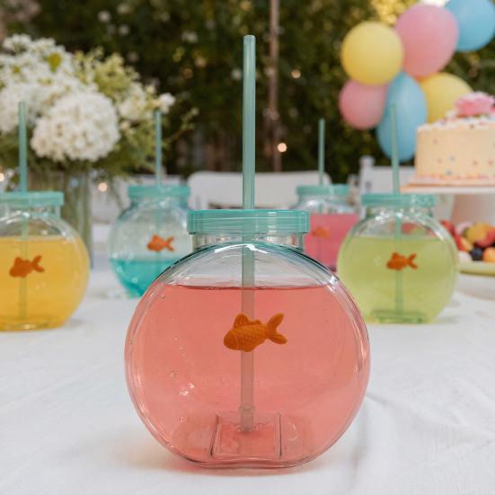 Fish Bowl Bottle with Straw, Plastic Fishbowl Tumblers with Lids, Unbreakable Ornament Cups for Drinks Summer Drink, Fashioned Table Goldfish Bowl