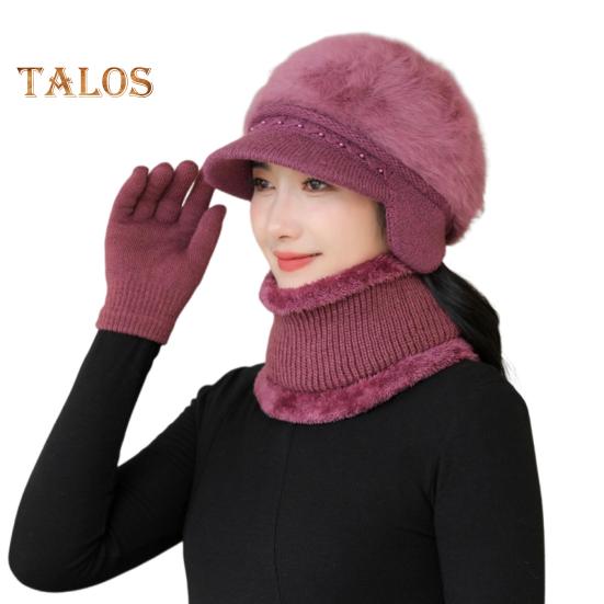 

3 шт./комплект для женщин среднего возраста, зимняя шапка, шарф, перчатки, комплект, толстая трикотажная шапка для защиты ушей, перчатки, эластичные ветрозащитные перчатки для матери, зимняя куртка для езды на велосипеде пурпурно красный