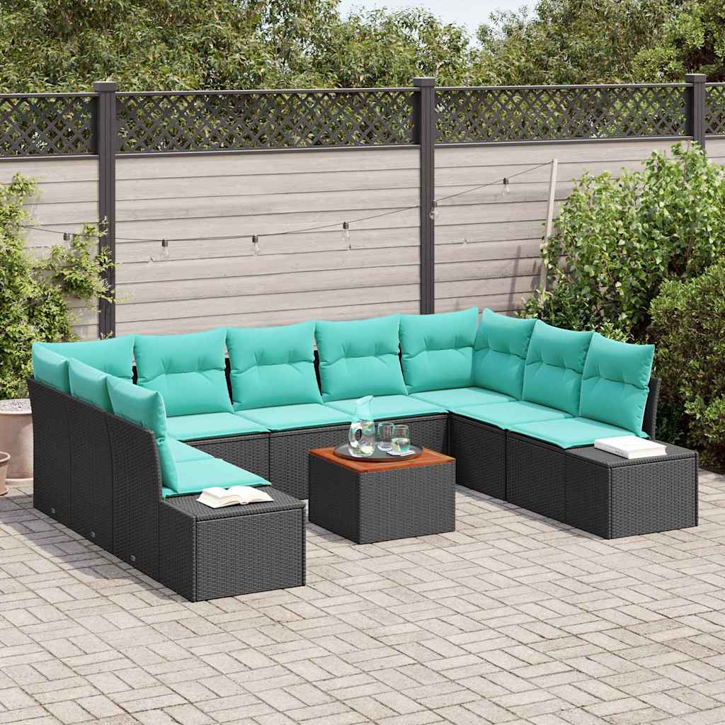 Garden Sofa Set with Cushions 10 pcs Black Poly Rattan