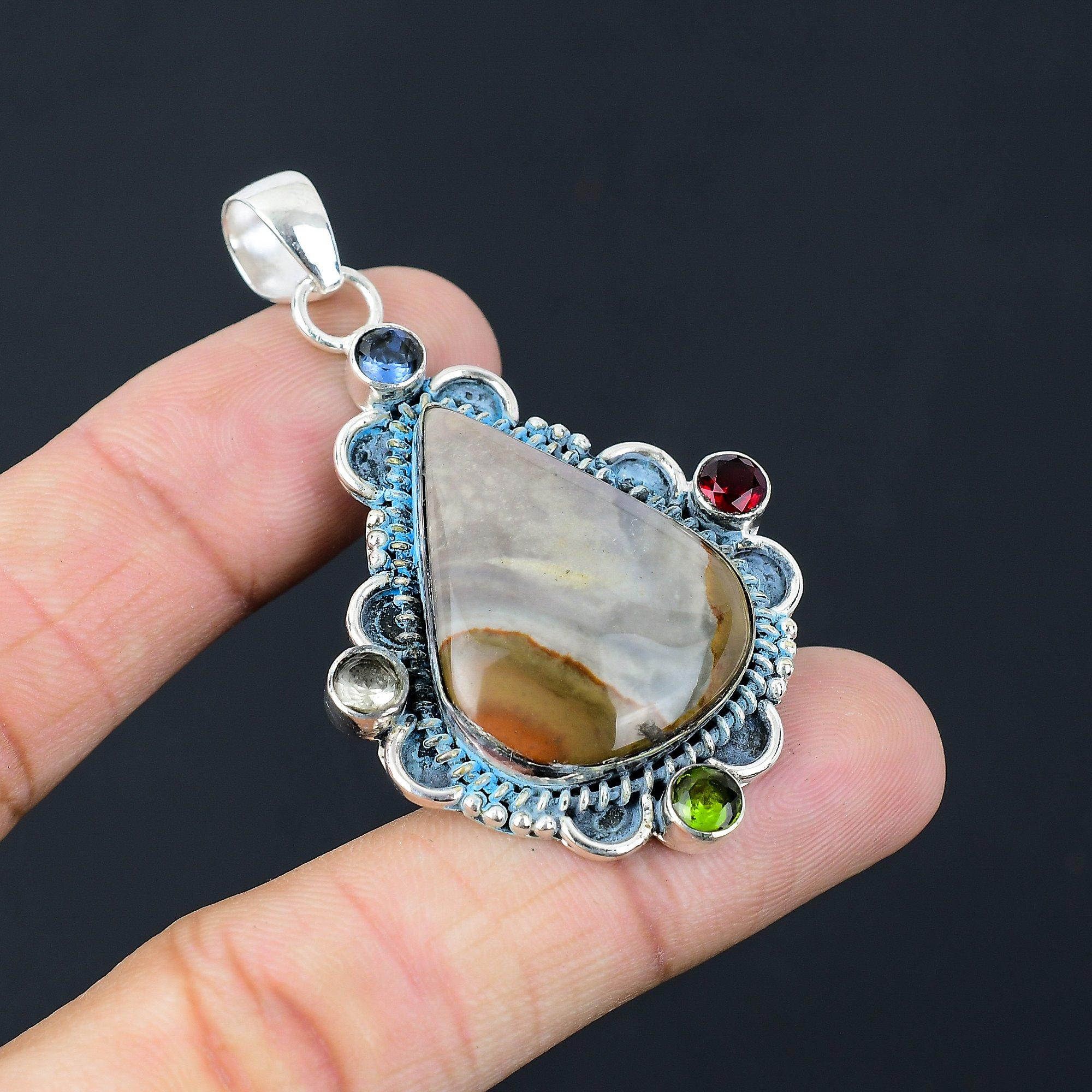 

Polychrome Jasper Gemstone Mozambique Garnet Wedding Pendant 925 Sterling Silver