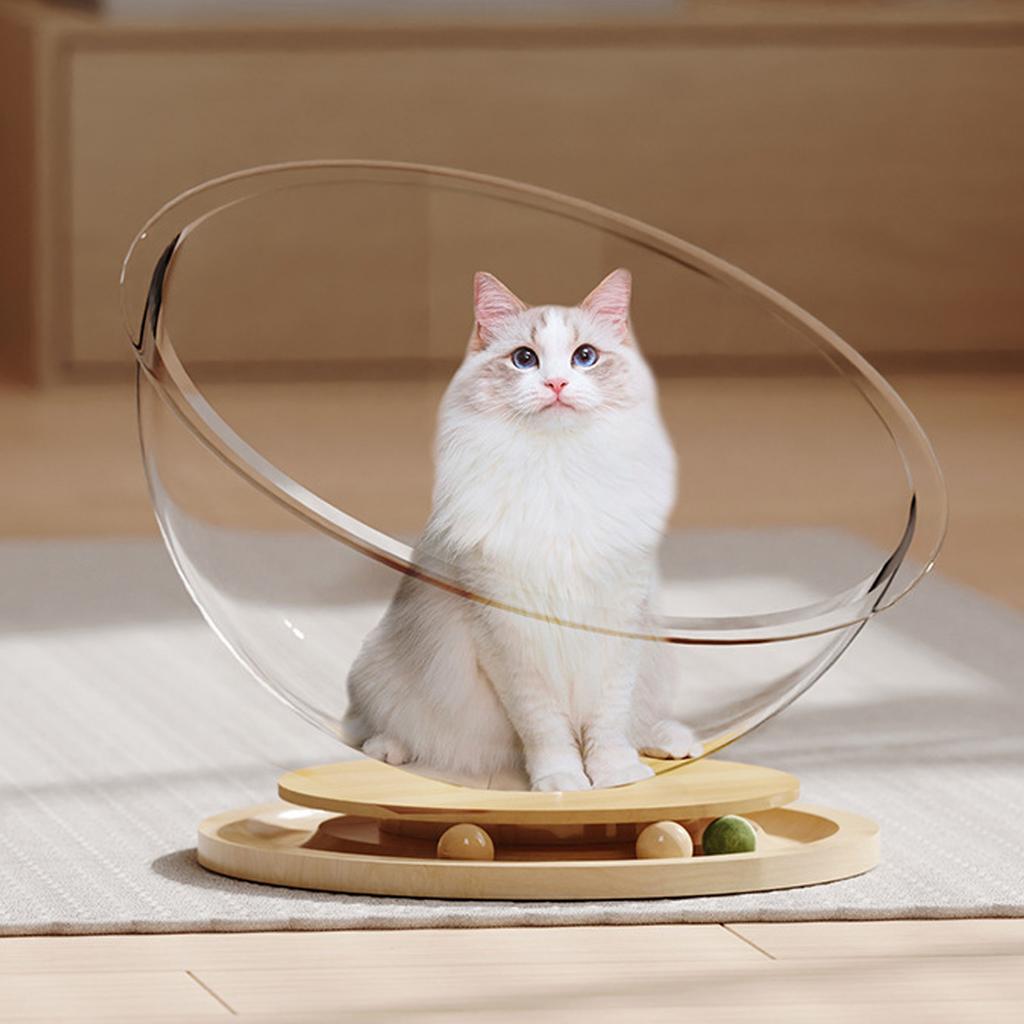 Space Capsule Cat Bed Clear Acrylic with Wood Turntable Catnip Ball Track Toy Elevated Cat Bed for Cats Sleeping Playing