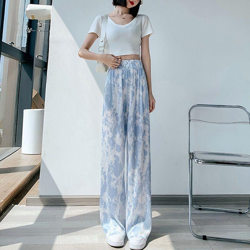 Blue Tie Dye Ice Silk Wide Leg Pants for Women Summer Thin High Waist Loose Casual Versatile Floor Wide Leg Pants
