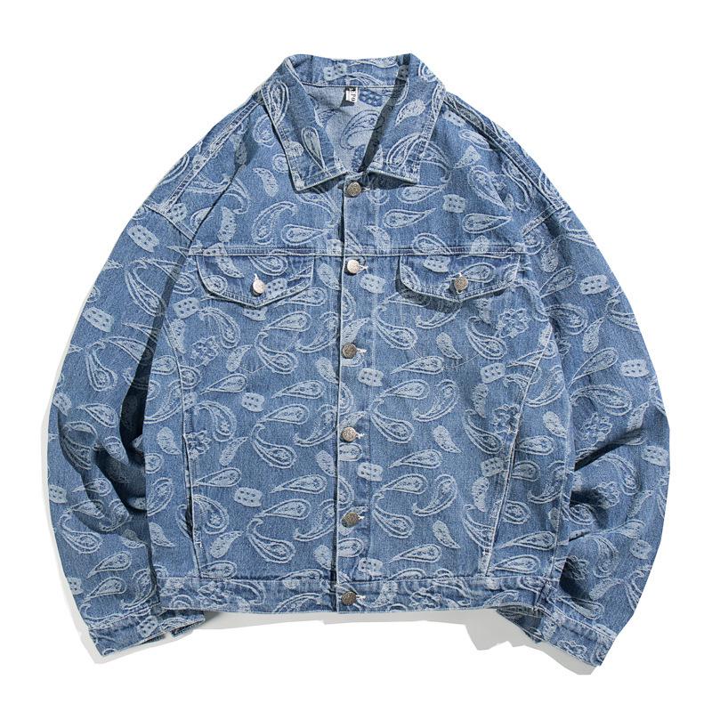 Men's Trendy Cashew Flower Denim Jacket: European & American Street Style, Plus Size, Korean Fashion, Workwear Top for Spring & Autumn.