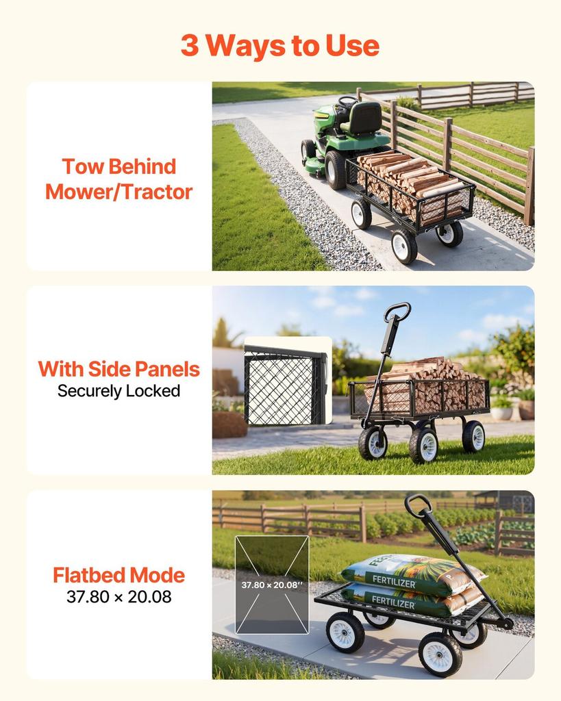 Garden Cart, 408.2 kg, Heavy Duty Steel Yard and Garden Utility Wagon with 10-Inch Tires, Outdoor Gardening Stool with Adjustable Handle, Detachable