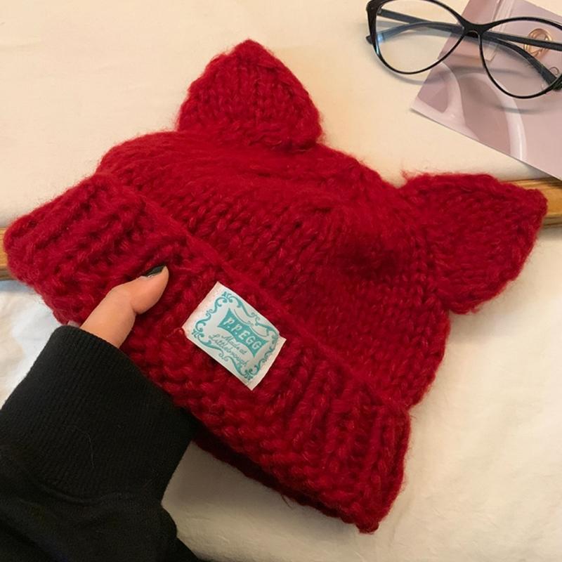 Women Winter Crochet Hat Cats Ear Knitted Hat for Girl Skiing Cycling Warm Winter Snow Hat for Christmas Present