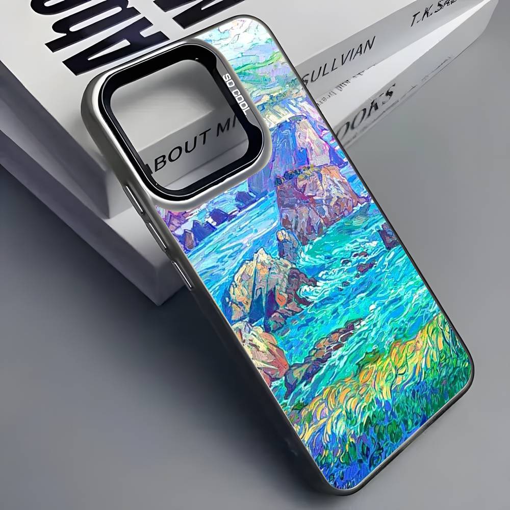 Bunte Ölgemälde Landschaft Handyhülle Für iPhone 16 15 14 13 12 11 Pro Max Grau Schwarz Handyhüllen Matt Laser Metallisch Aurora Funda