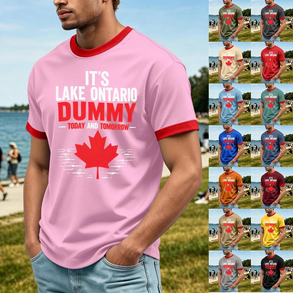 Top casual moda da uomo con stampa Lago ONTARIO, girocollo, elasticizzato, manica corta (, TRUE NORTH GRANDE, EST. 1615)
