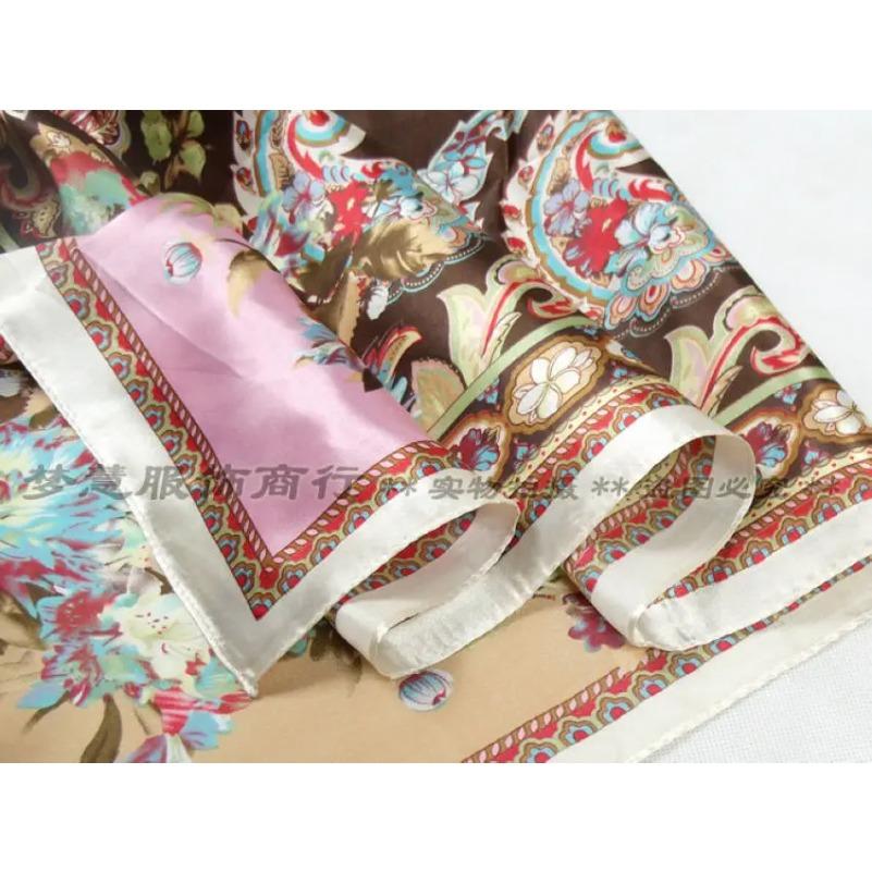 New Style Female Satin Red Big Square Silk Scarf Printed, Women Coffee Silk Scarf Hijab Wraps For Summer,Autumn 90*90cm