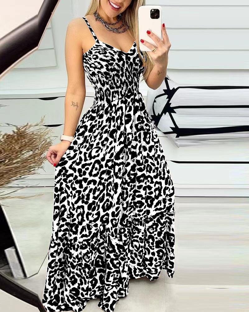 European and American summer new leopard print suspender V-neck dress, high waist skirt, sexy temperament fashion long dress women's clothing