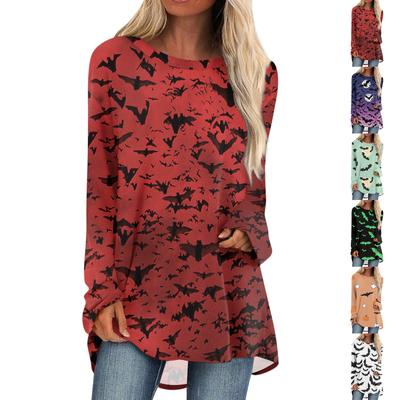Camicetta da donna di media lunghezza a maniche lunghe con stampa di Halloween, moda casual