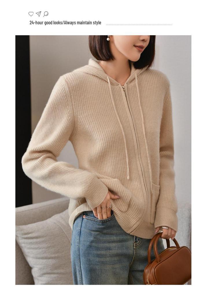 2024 Spring Women's Hooded Zip-Up Knit Cardigan: Stylish, Versatile Wool Outerwear