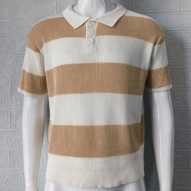

Men s Brown White Striped Polo Collar Ribbed Knit Short Sleeve Casual Top XXXL бежевий