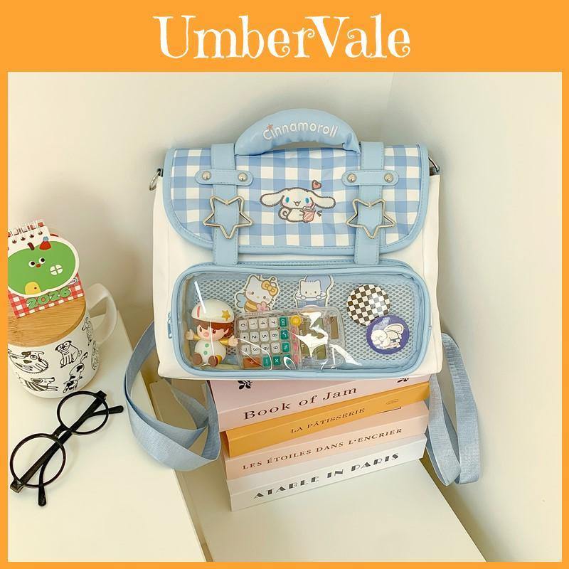 Cinnamoroll Backpack For Girls With Pvc Material And Blue Plaid Design For Daily Use