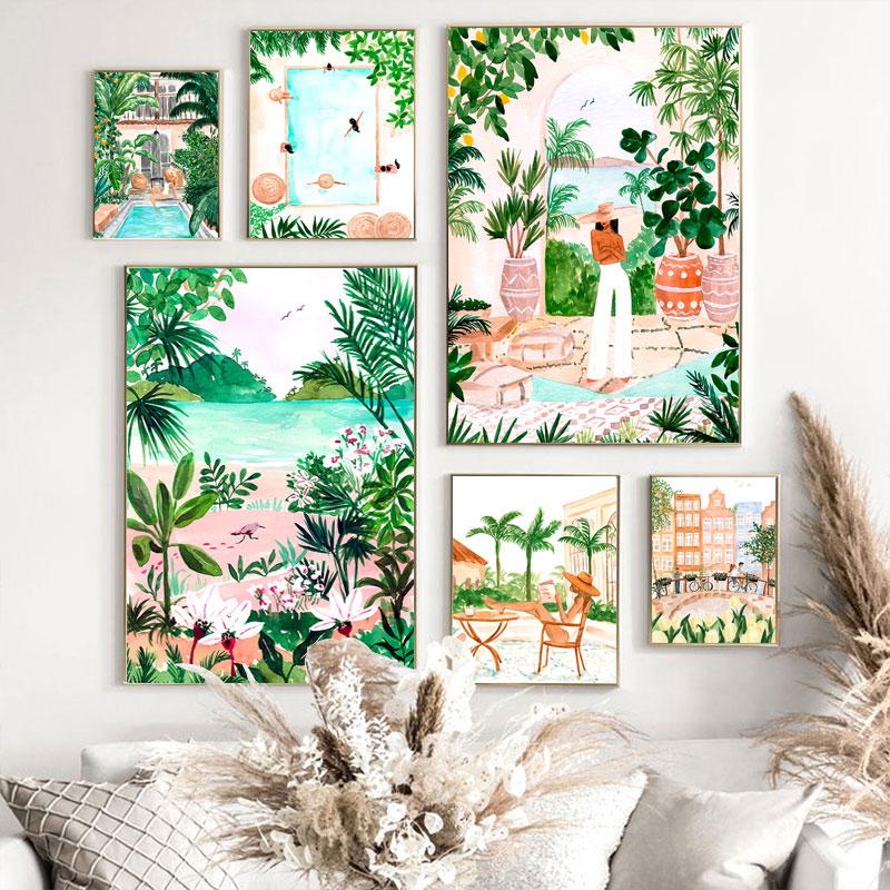 Beach Pool Moroccan Tropical Jungle Swing Meadow Wall Art Canvas Painting Posters and Prints Wall Pictures for Living Room Decor