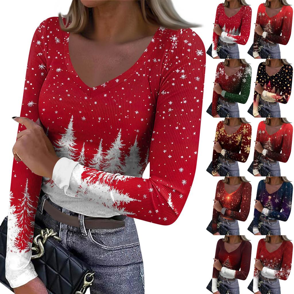 Women's Winter Slim-Fit Base Layer T-Shirt Fashionable Christmas Print V-Neck Pullover Long-Sleeved Top