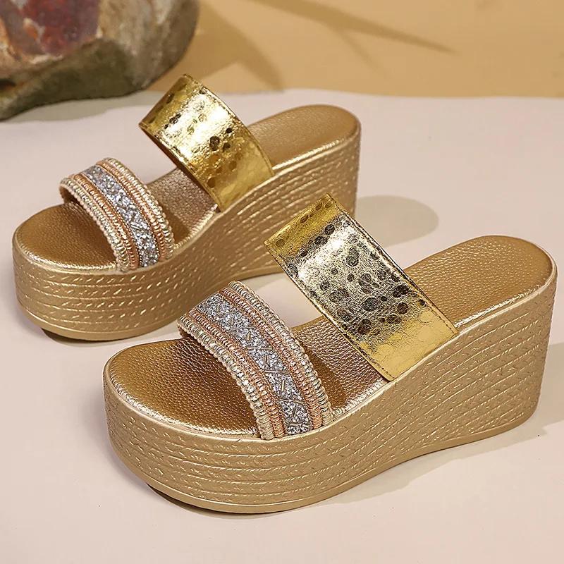 

Модные Сексуальные Женские Леопардовые Босоножки на Массивной Платформе Женские Супер Высокие Каблуки Тапочки Летняя Обувь Женщина Кристальные Ремни Золотые Sandalias Mujer 43 золотой