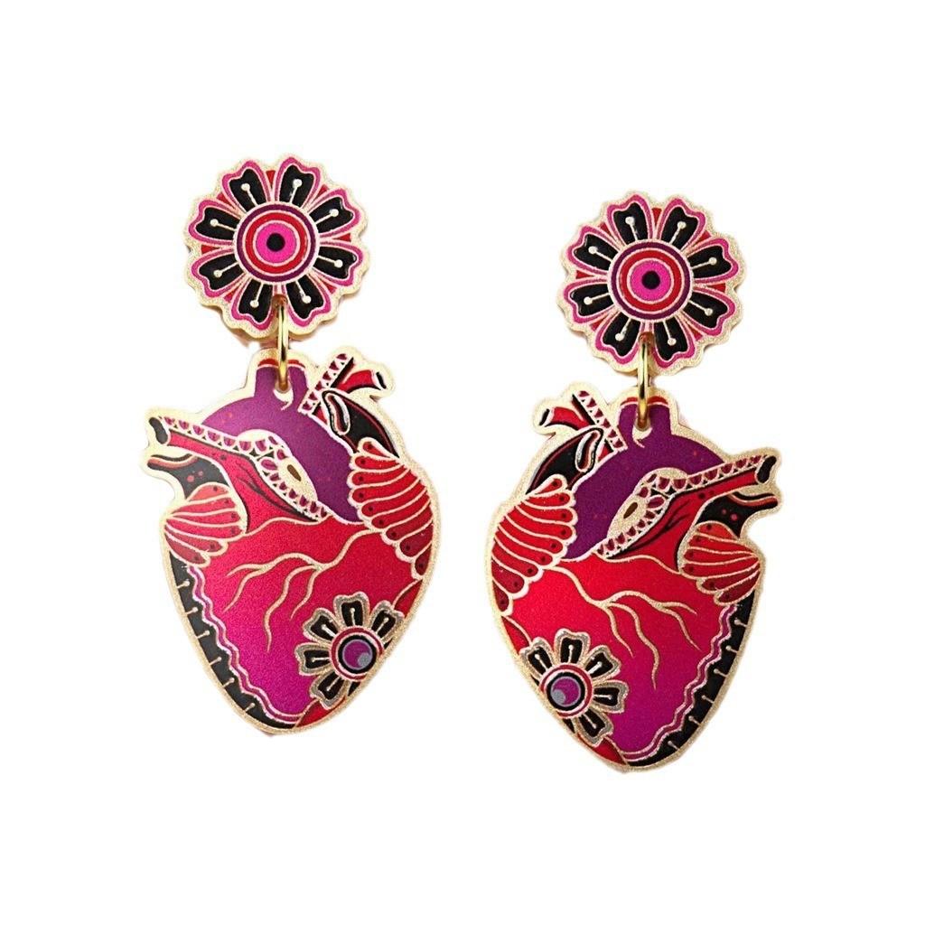 Retro Exquisite Sun Flower Hummingbird Heart-shaped Acrylic Dangle Earrings for Women Ethnic Artistic Creativity Jewelry Gifts красный