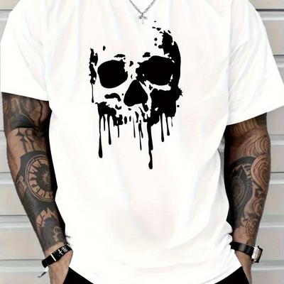 2025 Heren Casual Katoenen T-shirt met Zwarte Schedel Drip Grafische Print Normale Pasvorm Korte Mouw Ronde Hals Tee Herenkleding