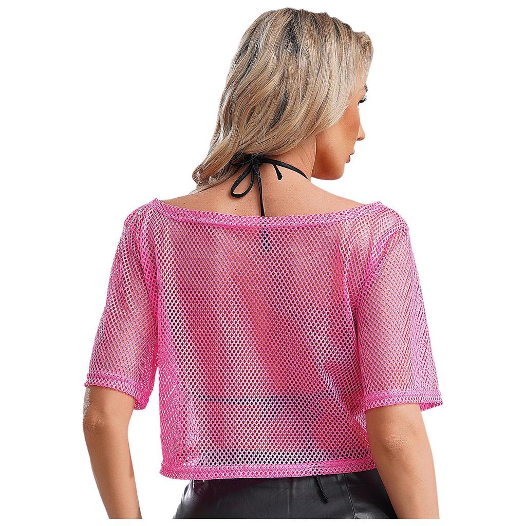 Damen Neon 80er Disco Fischernetz T-Shirt Kurzarm Ausgeschnitten Netz Crop Top