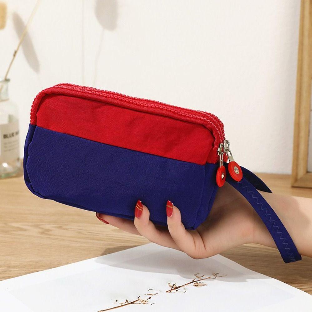 Nylon Three Layer Coin Purse With Lanyard Simple Hand Bag Contrasting Colors Wrist Bag  Female