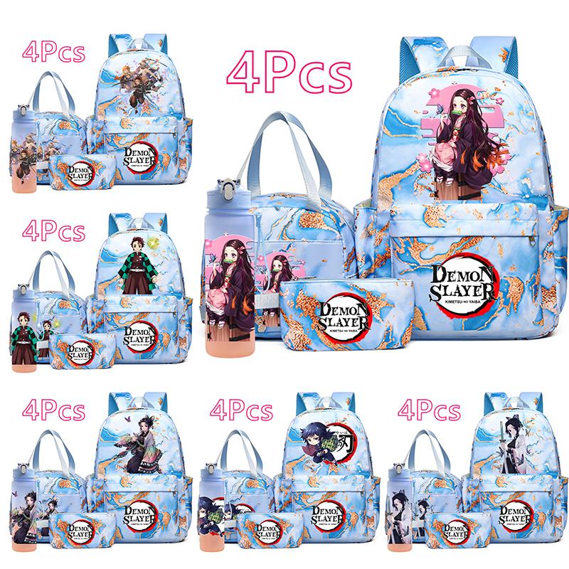 4 Pièces/ensemble Anime Demon Slayer Sac à Dos Imprimé Sac à Main Trousse à Crayons avec Bouteille d'Eau 750ml pour Adolescent Garçon Fille Grande Capacité Sac d'École Imperméable