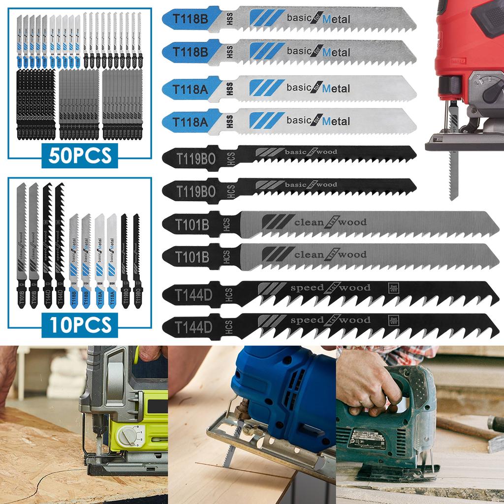 10/50pcs Jig Saw Blades T-Shaft HCS Assorted Saw Blades Sharp Fast Cut Jigsaw Blades for Wood Plastic Metal Cutting Hand Tools