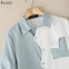 ZANZEA Women Turn Down Collar Summer Half Sleeve Patchwork Blouse
