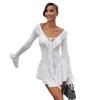 European & American Women's 2024 Ruffle Pointed Collar Bell Sleeve Tie-up Dress