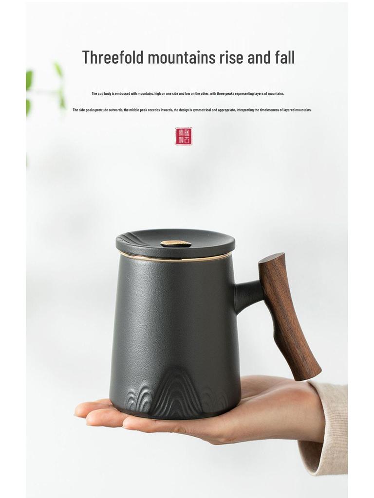Ceramic Tea Cup with Water Separation, Large Capacity, All-Ceramic Filter, Walnut Wood Handle, Customizable Logo.