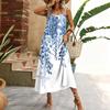 Damen ärmelloses Maxikleid mit floralem geometrischem Print, Spaghettiträger, lässiges Haus-Urlaubs-Kleid, leichtes Sommerkleid