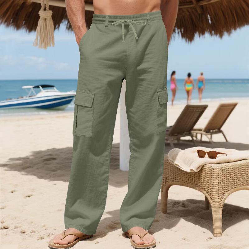 Men's Workwear Linen Trousers with Drawstring, Multiple Pockets, Straight Leg, Solid Colour, Breathable Outdoor Beach Casual Trousers