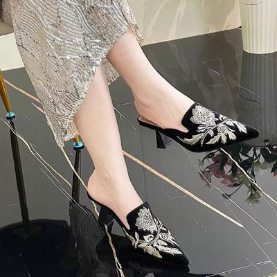 Baotou Half Slippers Women's Outer Wear Spring and Summer Embroidery Pointed Head Thick Heel Cool Slippers High Heel Sandals Stiletto Single Shoes