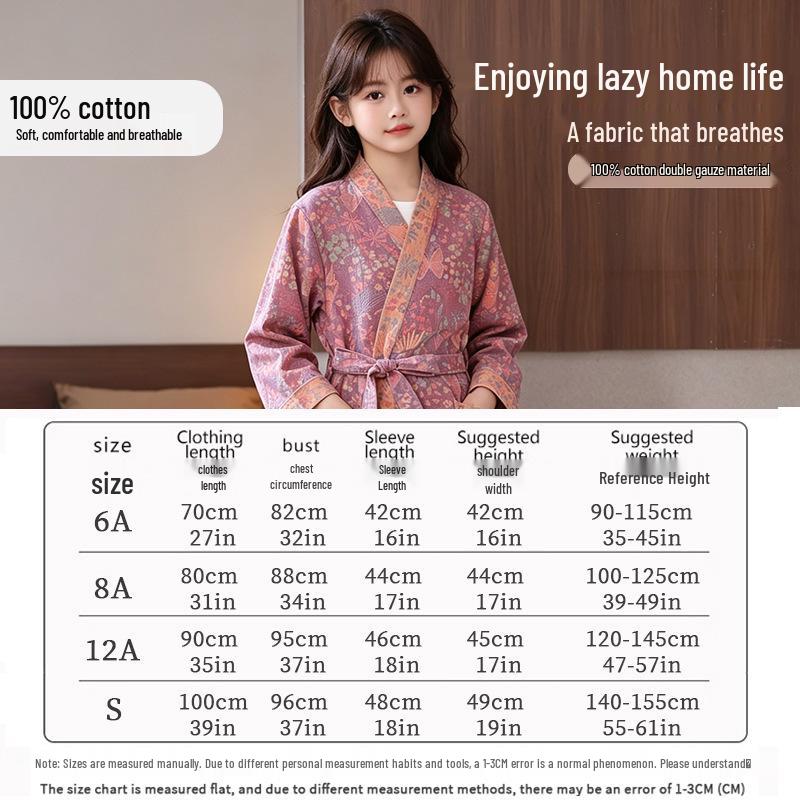 Children's Pure Cotton Double-Layer Gauze Jacquard Kimono Pajamas with Long Sleeves