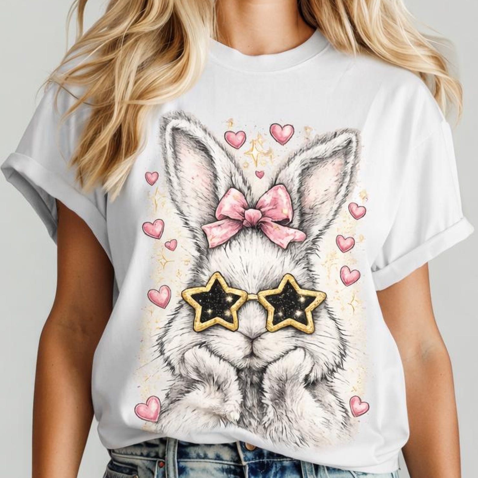 Comfort Colors Bunny with Star Sunglasses T-shirt, Cute Heart Bunny Shirt, Handmade Easter Bunny Shirt, Cute Easter Bunny 2026 T-shirt 4XL