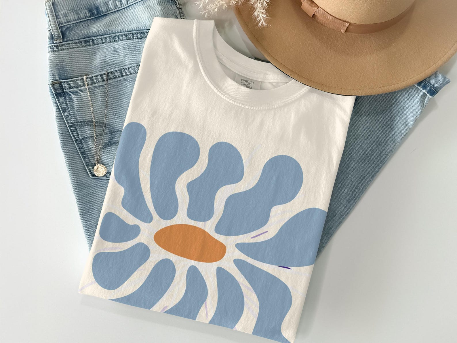 Abstract Daisy T-Shirt, Botanical Graphic Tee, Blue Orange Floral Top 2XL