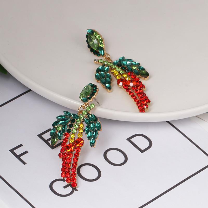 Pinkdudu Chili Pepper & Leaf Earrings Bold Red & Green Rhinestone Studs Fashionable PD1017