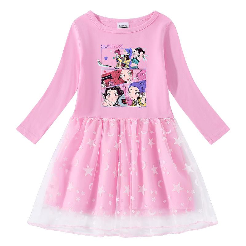 Korean-Style Kpop Demon Slayer Girls' Princess Dress – Short Sleeve Mesh for Summer, Long Sleeve for Spring/Autumn