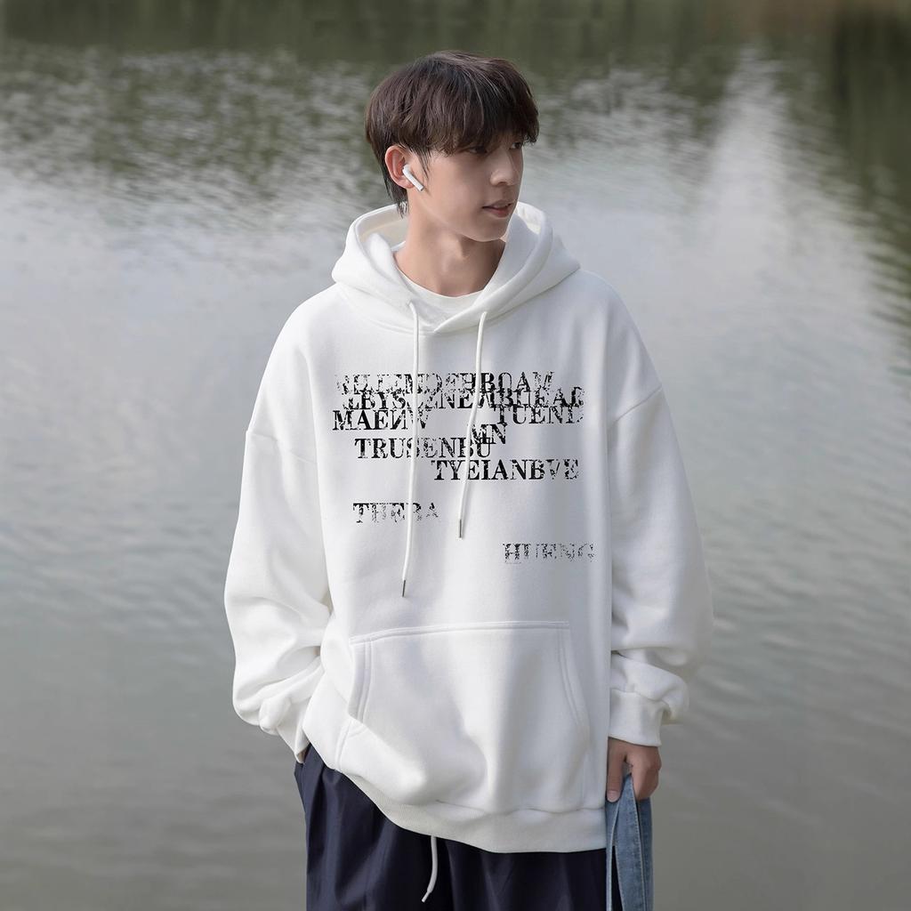 Letter Hooded Sweater Men's Autumn and Winter New Hat Rope Design Loose Fleece Thickened Coat